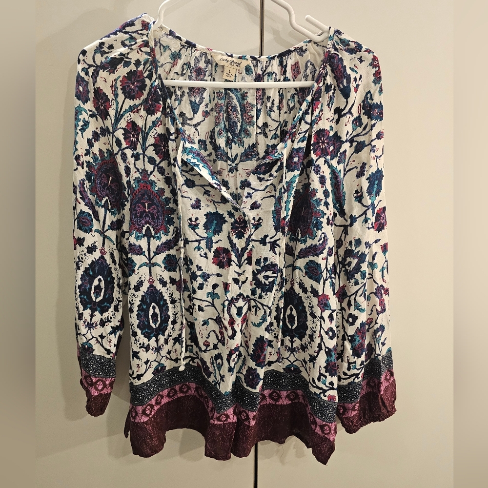 Lucky Brand Womans Large White/Purple Print Blouse
